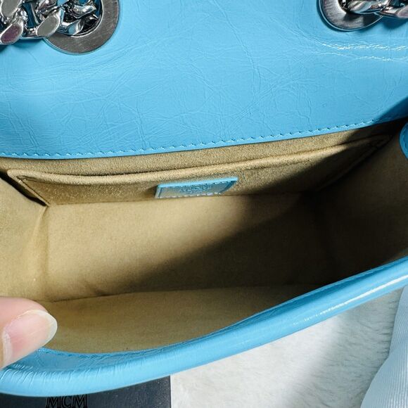 MCM Mini Travia Quilted Logo Plaque Crossbody Bag Turquoise Blue NWT - Picture 7 of 11